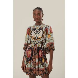 FARM Rio Blue Flowing Beauty Swan Print Mini Dress Short Sleeve Sz XXS